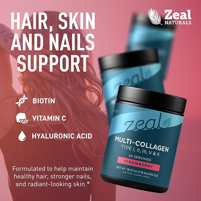 Zeal Naturals Multi Collagen Protein Peptides Powder Types I II III V X - Vitamin C Biotin &amp Hyaluronic Acid - Hair Skin &amp Nails - Marine Bovine Chicken &amp Eggshell - Strawberry 45 Ser