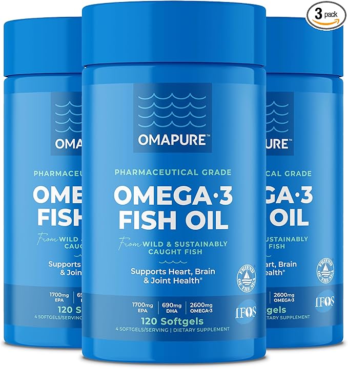 OMAPURE Fish Oil Supplements with Omega 3 Fatty Acids (3 Bottles 120 Softgels) - High EPA DHA &amp IFOS Fish Oil Pills Support Heart &amp Joint Health - Burpless Fish Oil Promotes Brain Function