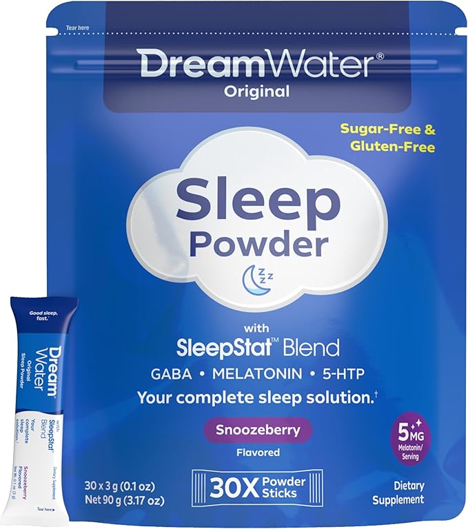 Dream Water Sleep Aid Powder Melatonin 5mg GABA 5-HTP Natural Flavors Helps You to Fall Asleep Fast and Wake Refreshed Snoozeberry 30-Count.