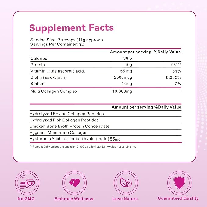 Multi Collagen Protein Powder 2lbs-Unflavored with Hyaluronic Acid &amp Vitamin C Skin Hair &amp Joint Support 32 Oz