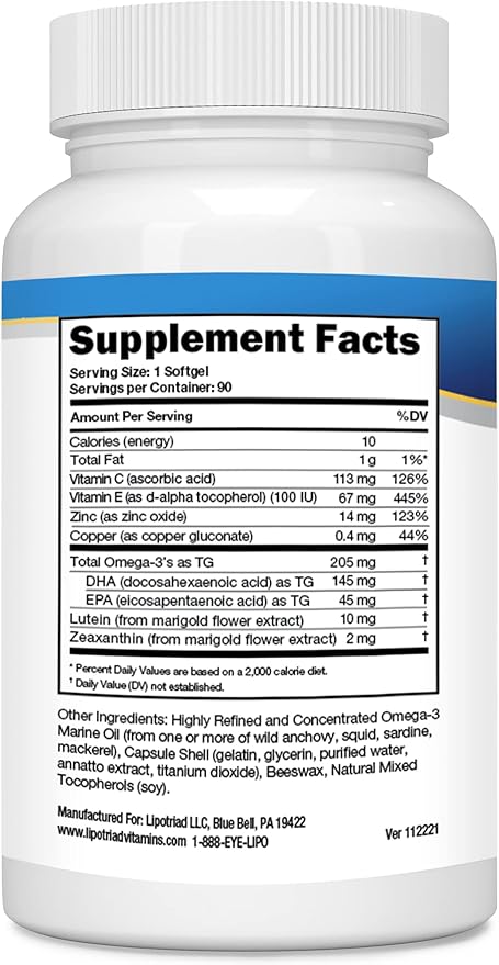 Lipotriad Eye Vitamin and Mineral Supplement - 90 Softgels 3-Month Supply - Supplement with Lutein Zeaxanthin and Omega 3 for Healthy Eyes