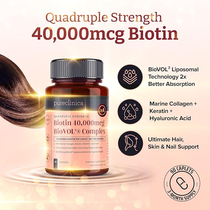 pureclinica 400% Strength Biotin 40000mcg x 180 Caplets (2 Bottles of 90) – BioVOL²® Liposomal Biotin Complex | with Marine Collagen Keratin Vitamin C &amp More | 6 Months Supply
