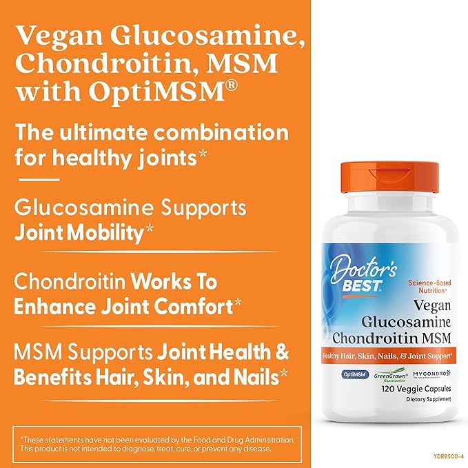 Doctor's Best Vegan Glucosamine Chondroitin MSM - Joint Health Support Supplement for Women &amp Men Nutritional Support for Joint Strength Hair Skin &amp Nails Gluten Free Non GMO - 120 Veg C