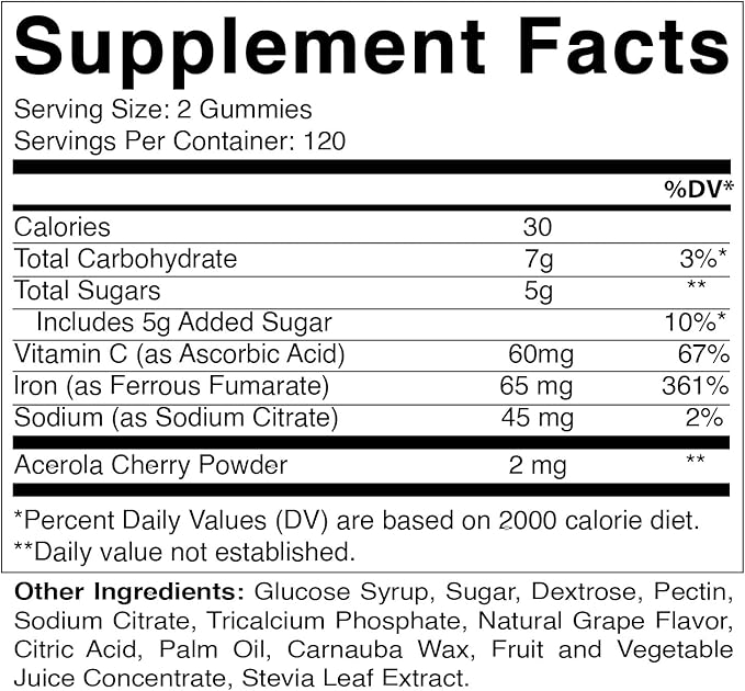 Vitamatic Iron 65 mg Gummies Supplement for Women &amp Men - 240 Vegan Gummies - Great Tasting Iron Gummy Vitamins with Vitamin C