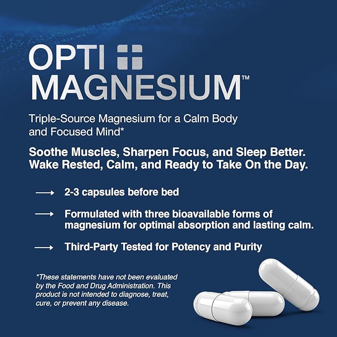 Opti + Triple Magnesium Complex Supplement | Magnesium L-Threonate Glycinate &amp Acetyl Taurate Complex Blend | Brain Support for Memory and Focus* | 90 Capsules/30 Servings