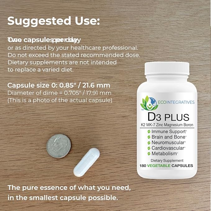 EcoIntegratives Bio-D3 Plus Boron Vitamin K2 Magnesium &amp Zinc-Supports Cardiovascular Nerves Muscles Bone Teeth Gums Immune Health Tissue Repair Balance Hormones Metabolism 180 Vegan caps