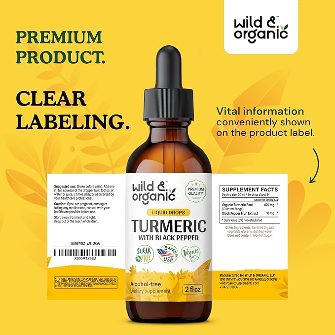 Wild &amp Organic Turmeric Curcumin Supplement with Black Pepper - Movement &amp Immune Support - Liquid Turmeric Curcumin with Black Pepper - Add to Tea Drops - Vegan Sugar &amp Alcohol-Free Tinc