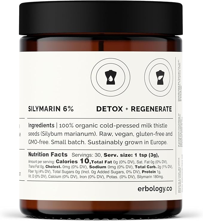 Erbology Organic Milk Thistle Powder 3.2 oz - 30 Servings - 180mg Silymarin per Serving - Liver Health - Cold-Pressed from 100% Milk Thistle Seeds - Sustainably Sourced in Europe - Vegan - GMO-Free