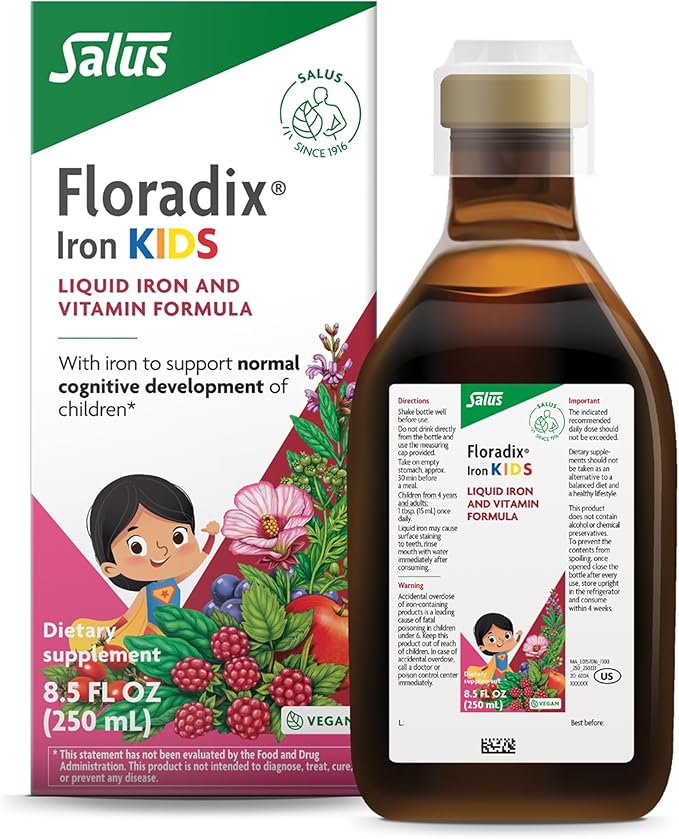 Salus Floradix Iron Kids - Liquid Iron &amp Vitamin Formula - Children's Supplement with C &amp B Vitamins - Vegan - Raspberry-Vanilla Flavor - 8.5 fl oz