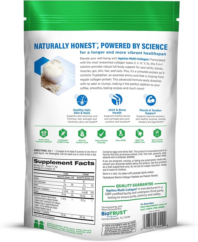 BioTrust Ageless Multi Collagen Peptides Powder – 5 Types (I II III V X) – Unflavored Collagen Powder for Women &amp Men – Hydrolyzed Protein – Grass Fed Beef Fish Chicken Eggshell Membrane 3