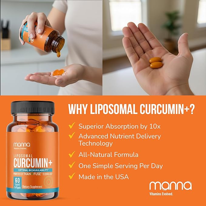 Manna Vitamins Evolved Liposomal Curcumin+ Softgels for Advanced Absorption Best Turmeric Supplement for Daily Joint &amp Immune Health Support - Non-GMO 500mg Curcuminoids (60ct)