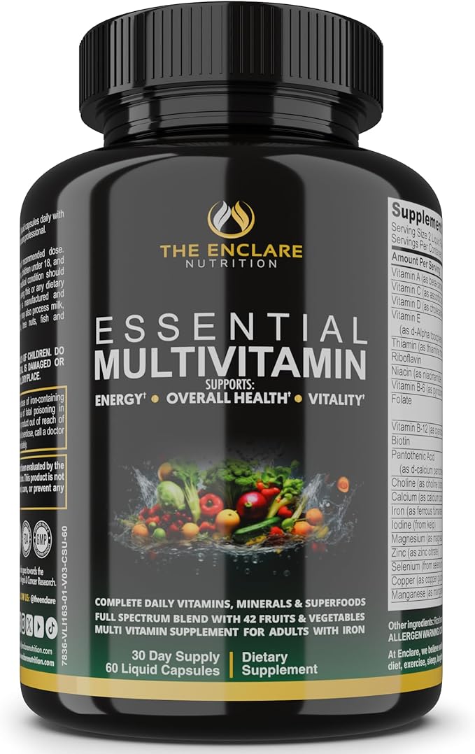 Essential Multivitamin for Women &amp Men – Complete Daily Multi Vitamin with Vitamin D C B12 &amp B Vitamins + Minerals Folic Acid Iron Zinc – 42 Fruit &amp Vegetable Superfood Blend – 60 Liq