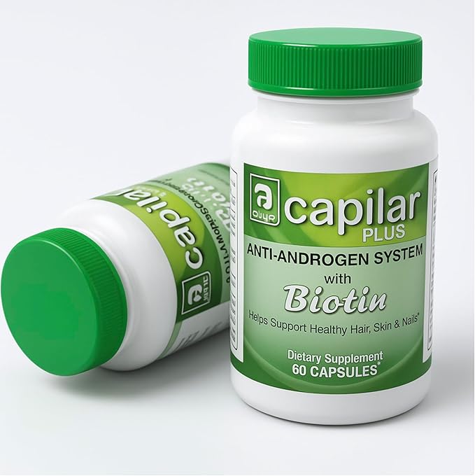 Capilar Plus with Biotin | 2 Bottles x 60 Capsules (120 Total) | Anti-Androgen System | Daily Use Dietary Supplement | for Hair Skin &amp Nail Support | 2-Month Supply
