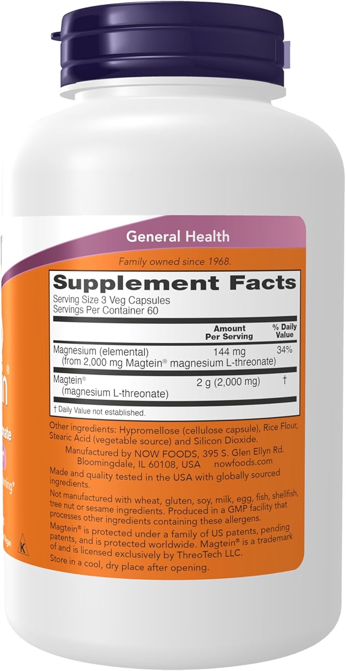 Now Foods Supplements Magtein Magnesium L-Threonate Cognitive Support* 180 Veg Capsules (Pack of 2)