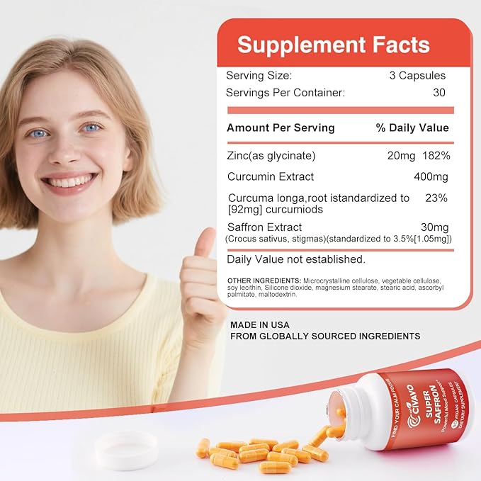 Super Saffron Supplements for a Happy Mind &amp Body - with Pure Optimized Organic Saffron Extract 30mg Curcumin &amp Zinc - Vegan Non-GMO Pills Support Focus Mood Eye Health for Women &amp Men