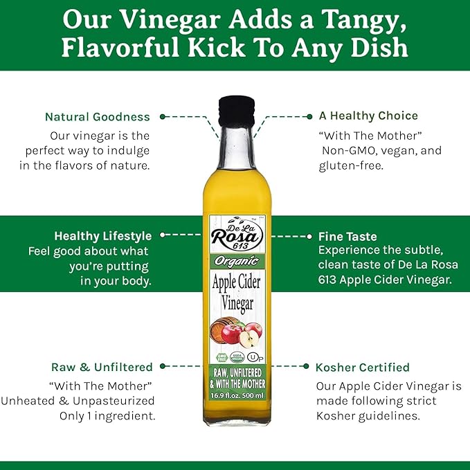 De La Rosa Organic Apple Cider Vinegar Raw &amp Unfiltered Kosher for Passover Vegan &amp Gluten Free Great for Salad Dressing &amp Marinades Apple Cider with The Mother 16.9 Oz (Pack of 2)