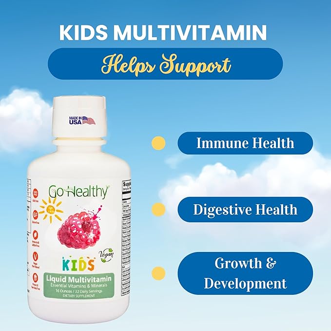 Go Healthy Liquid Multivitamin for Kids 2 Pack Bundle 1 Raspberry Bottle and 1 Peach Mango Bottle