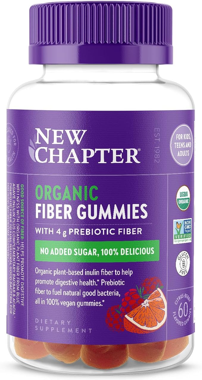 New Chapter Organic Fiber Gummies for Adults &amp Kids (Age 4+) Plant-Based Prebiotic Fiber for Digestive Health Vegan Non-GMO USDA Organic Gluten Free Citrus-Berry Flavored 60 ct