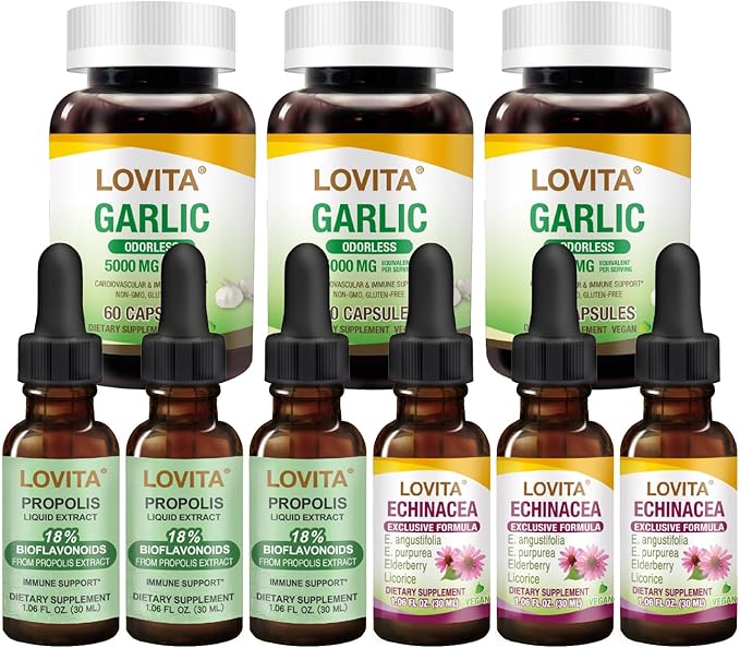 LOVITA 9-Piece Herbal Bundle - 3 Propolis Drops 3 Odorless Garlic &amp 3 Echinacea Liquids Immune &amp Heart Care (9 Pc)