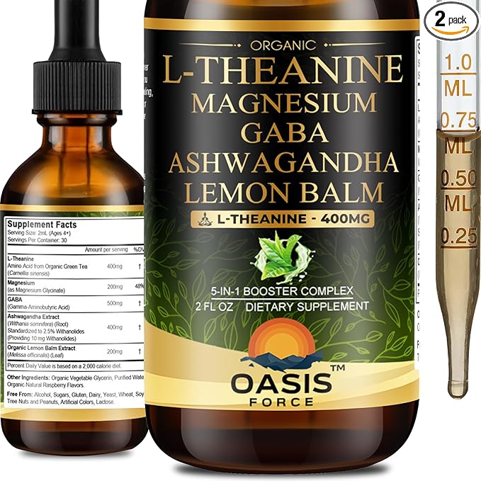 2 Pack L Theanine Drops L-Theanine Supplement 400mg for Adults &amp Kids with GABA Magnesium &amp Ashwagandha Natural Sleep Focus &amp Relaxation Support Vegan Alcohol-Free Non-GMO 4 FL OZ