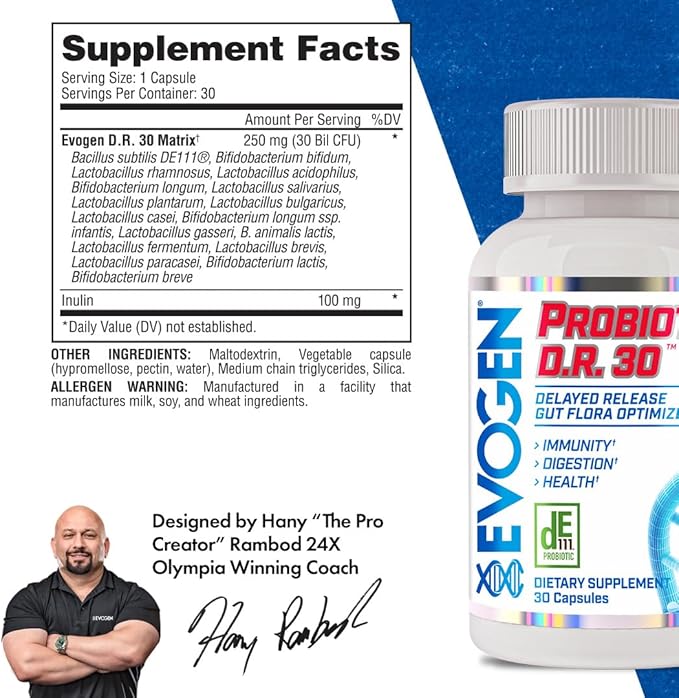 Evogen Probiotic D.R. 30 | Delayed Release Gut Flora Optimizer | Supports Immunity Digestion &amp Health | 30 Billion CFUs | 30 Capsules