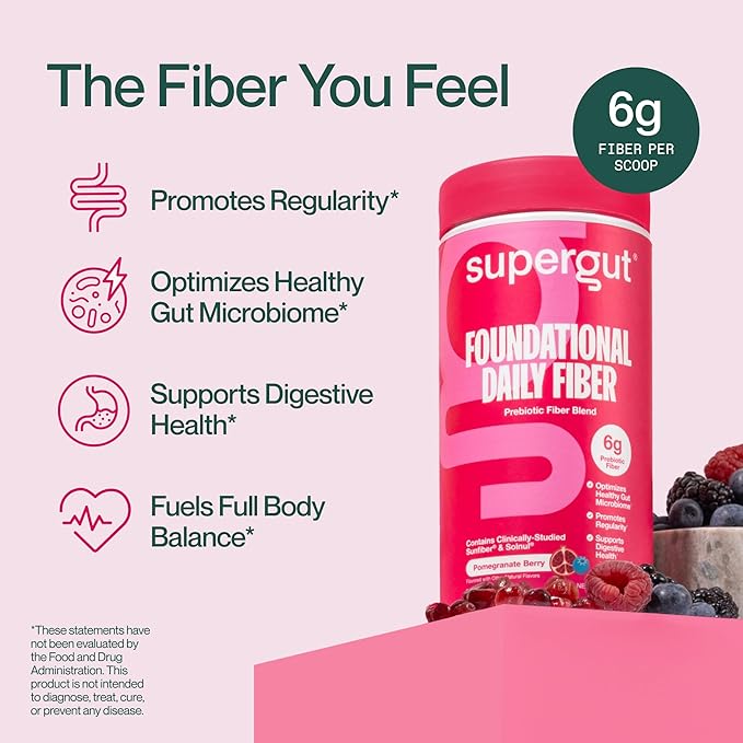 Supergut Foundational Daily Fiber Powder Sugar Free &amp Vegan Prebiotic Fiber Blend for Gut Health &amp Digestive Support Supplement for Men &amp Women with Solnul &amp Sunfiber Pomegranate Be