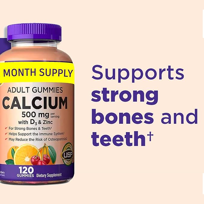 KS Calcium 500 mg with Vitamin D3 1000 IU &amp Zinc – 120 Gummies (2-Month Supply) – Bone Teeth &amp Immune Support for Adults – Natural Orange &amp Cherry Flavors – USP Verified