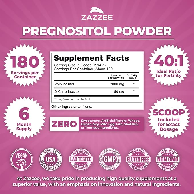 Zazzee PREGNOSITOL Powder 6 Month Supply Myo-Inositol and D-Chiro-Inositol 40:1 Fertility Blend Free Scoop for Exact Dosage Premium Balanced Formula 180 Servings Vegan All-Natural and Non-GMO