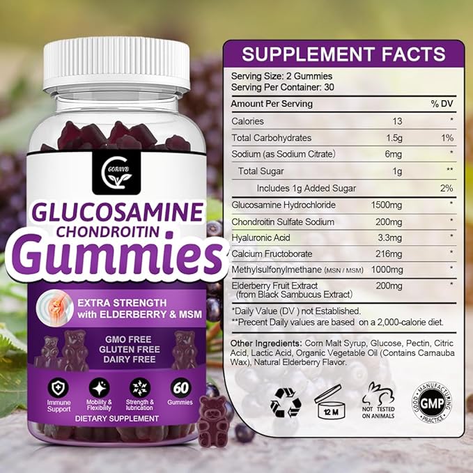Glucosamine Chondroitin Gummies with MSM &amp Elderberry Extra Strength - Flexibility Support Antioxidant Immune Support Supplement for Adults Men &amp Women - 60 Chondroitin Gummies (2 Pack)