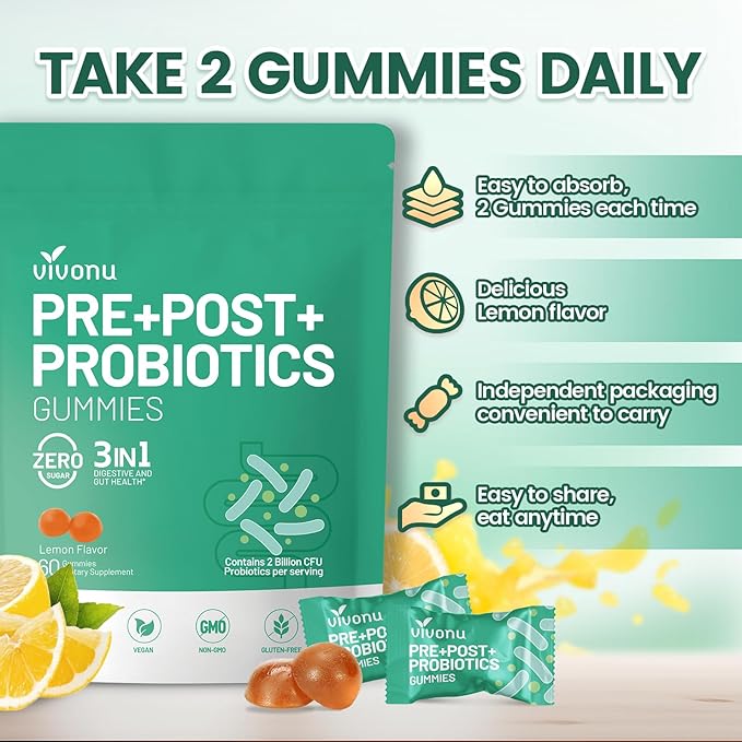VivoNu Probiotics for Digestive Health Gummies 3 in 1 Intestinal Digestion Contains 2 Billion CFU Probiotic Zinc Magnesium and Vitamin D3 Men's Probiotics for Women Non GMO (240Gummy/4Pack)