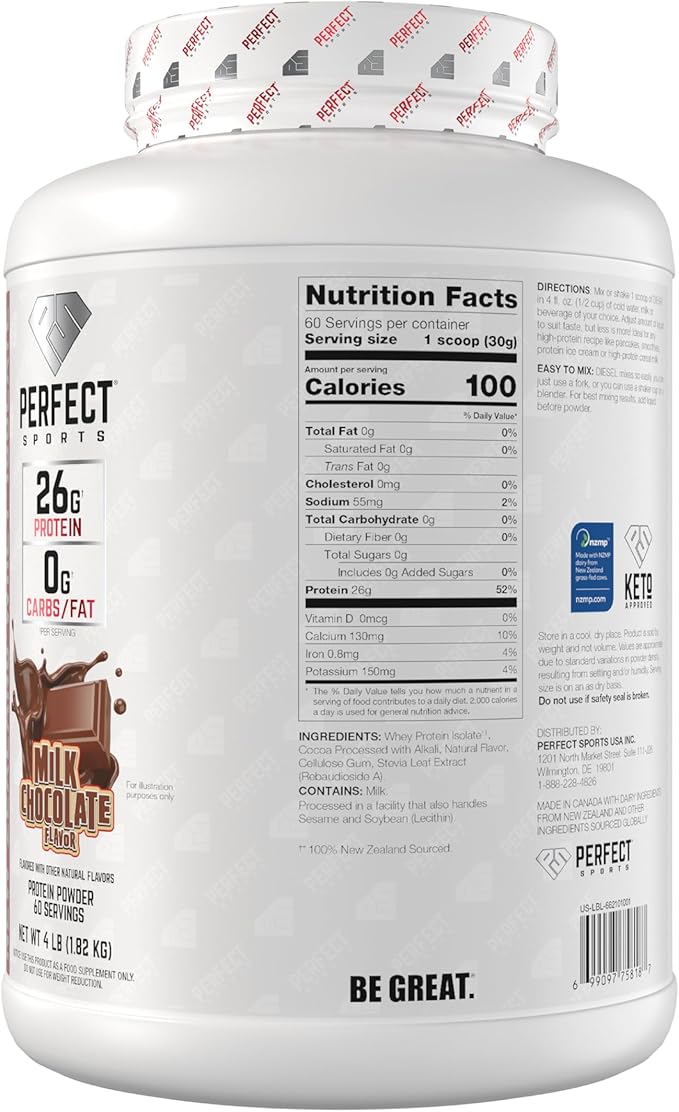 PERFECT SPORTS Diesel 100% New Zealand Whey Protein Isolate | Stevia Sweetened No Artificial Ingredients Keto | 0g Carb 0g Fat 26g Protein | 4 Pounds (Milk Chocolate)