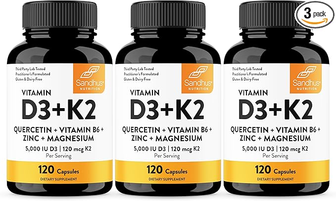 Sandhu's Vitamin D3 K2 Magnesium 5000 IU 120mcg K2 Capsules 120 Count (Pack of 3) | with VIT B6 Zinc &amp Quercetin | D3K2 Supports Superior Absorption Energy Immune Muscle Health for Men &amp