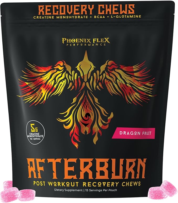 After Burn Creatine Monohydrate Chews - BCAAs &amp L-Glutamine - Gummies - Pre/Post Workout Recovery for Men &amp Women - Strength Energy Endurance - Muscle Growth - Immune Function