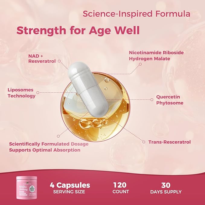 NAD+ Supplement Capsules 120 Count Bottle | 2-Capsule ServingNAD+ Resveratrol CoQ10 PQQ Quercetine Lion’s Mane &amp Black Pepper Extract (NoneA)