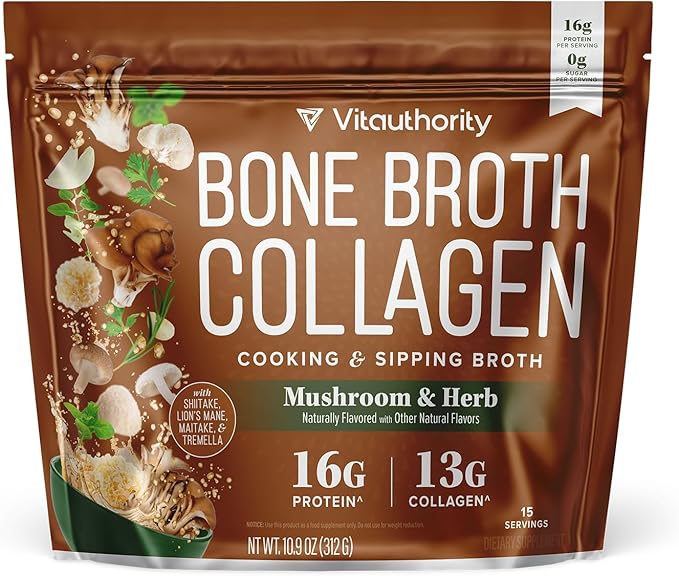 Bone Broth Collagen Powder 16g Collagen Protein per Serving Supports Joints Skin Nails &amp Gut Health Made from Real Beef Bone Broth Savory Collagen for Soups &amp Stews Mushrooms Herb Flavored 15