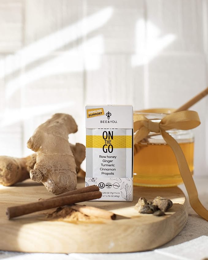 Bee and You On The Go Immune Support Supplement Raw Honey Propolis Turmeric Cinnamon Ginger Superfrood Great Tasting for Kids and Adults 12 Pack 1.73 oz Each