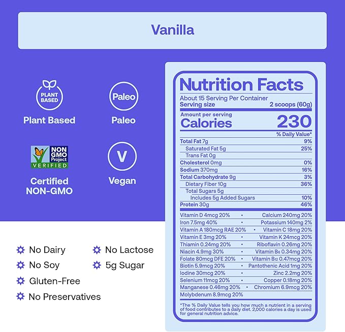 Happy Viking Plant-Based Protein Powder +100 Superfoods Vanilla Meal Replacement Shake Created by Venus Williams 30g Plant Protein 10g Fiber Vegan Gluten-Free Non-GMO 15 Meals