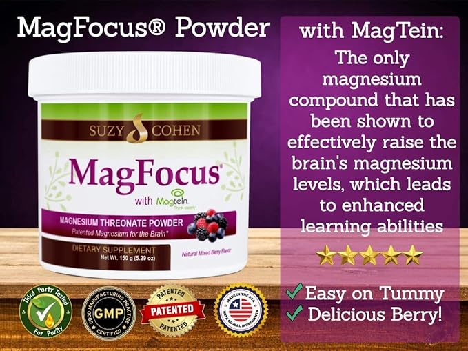 Suzy Cohen MagFocus Magnesium L-Threonate Powder with Magtein (Mixed Berry) Plus Magnesium Glycinate for Wellness Focus and Cognition - Gluten-Free Non-GMO Vegetarian (60 Servings)
