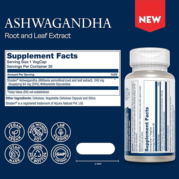 SOLARAY Ashwagandha Capsules 18X Absorption - Ashwagandha Root and Leaf Extract 240 mg - Occasional Stress Relief and Mood Support Supplement - Vegan 60-Day Guarantee - 30 Servings 30 VegCaps