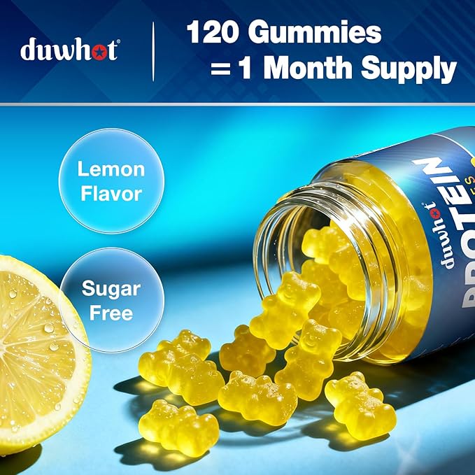 Whey Protein Gummies Sugar Free Low Calorie 8g Protein Per Serving Easy to Take Snacks for Men &amp Women Lemon Flavor 1 Month Supply 120 Chews
