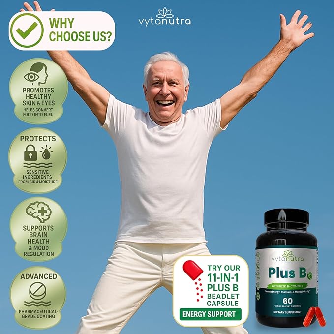 Plus B 11-in-1 Beadlet Capsule – Complete B-Complex with B1 B2 B3 B5 B6 B7 B9 B12 – Timed Release for Energy Vitality Brain Heart Immune Mood &amp Overall Wellness