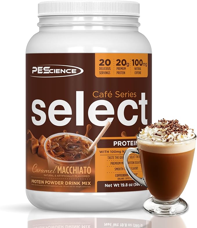 PEScience Select Cafe Protein Coffee Flavored Powder 100mg Caffeine 20g Iced Protein Coffee Powder or Creamer - Caramel Macchiato 20 Servings