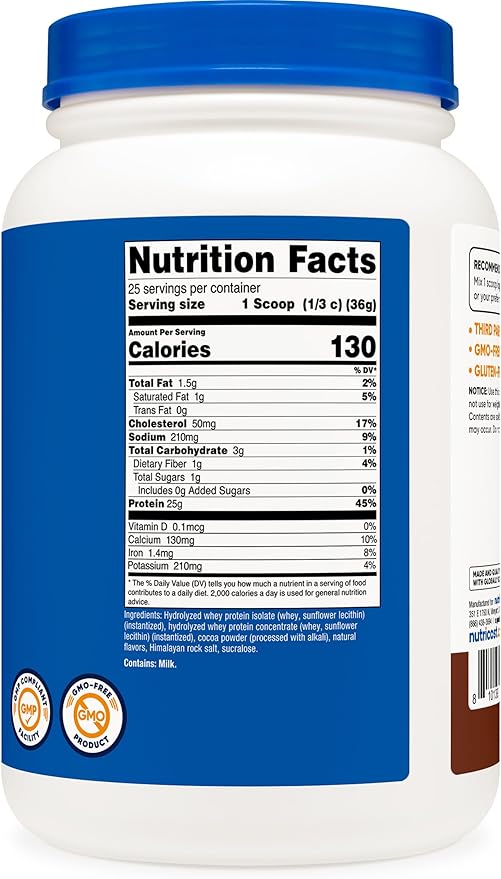 Nutricost Hydrolyzed Whey Protein Powder (Chocolate) 2 LBS - Whey Protein Hydrolysate 25g of Protein GMO-Free Gluten-Free
