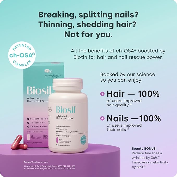 Biosil Advanced Hair + Nail Care - 60 Capsules - Grow Strengthen &amp Thicken Hair and Nails - with Patented ch-OSA &amp Biotin - 30-Day Supply