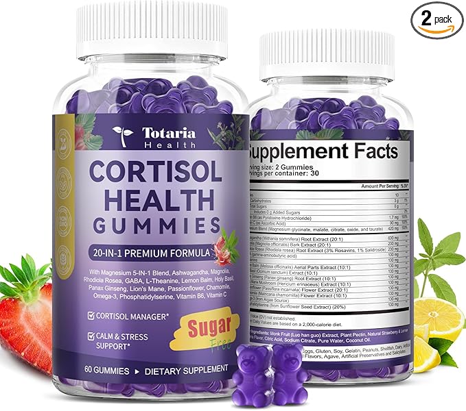 2 Bottles Cortisol Supplements for Women &amp Men 20-in-1 Cortisol Gummies with Ashwagandha Rhodiola Rosea Magnesium Phosphatidylserine Calm Focus Mood Support Healthy Cortisol Levels 30 Day Supply