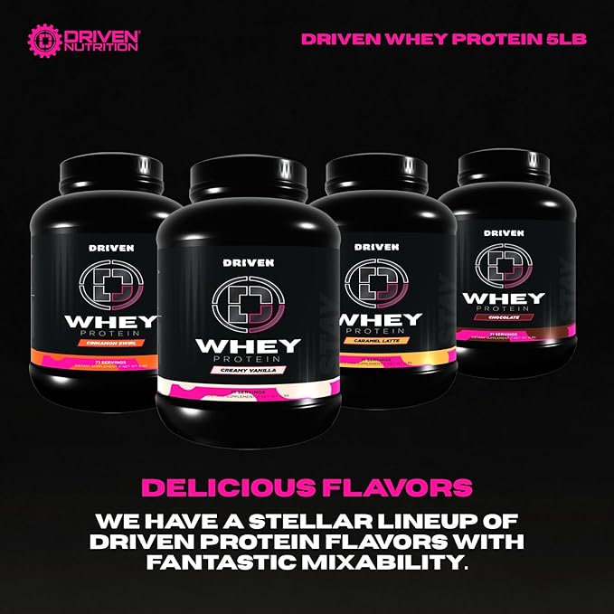 Driven WHEY- Grass Fed Whey Protein Powder: Delicious Clean Protein Shake- Improve Muscle Recovery with 23 Grams of Protein with Added BCAA and Digestive Enzymes (5 lb Creamy Vanilla)