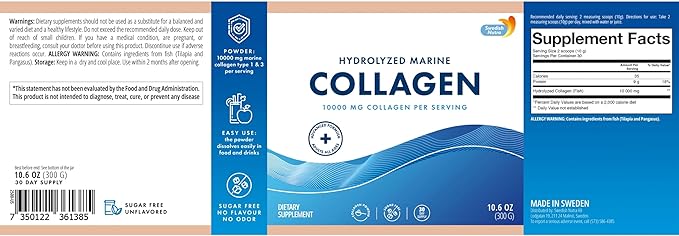 Swedish Nutra 10000 mg Hydrolysed Marine Collagen Powder Supplement - 30 Day Supply| Type 1 &amp 3 Collagen Pure Peptides for Healthy Hair Skin Nails Joints I Unflavored | 100% Natural | Sugar-F
