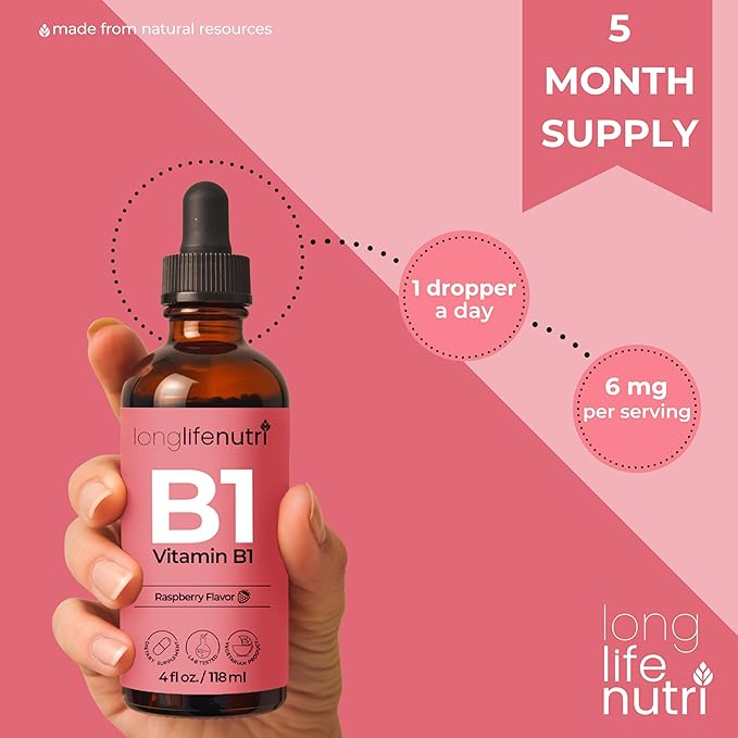 LongLifeNutri Vitamin B1 Liquid Drops - Thiamine Mononitrate Organic Supplement for Energy and Nerve Health Fast Absorption 4 FL OZ 5-Month Supply Lab Tested Made in USA