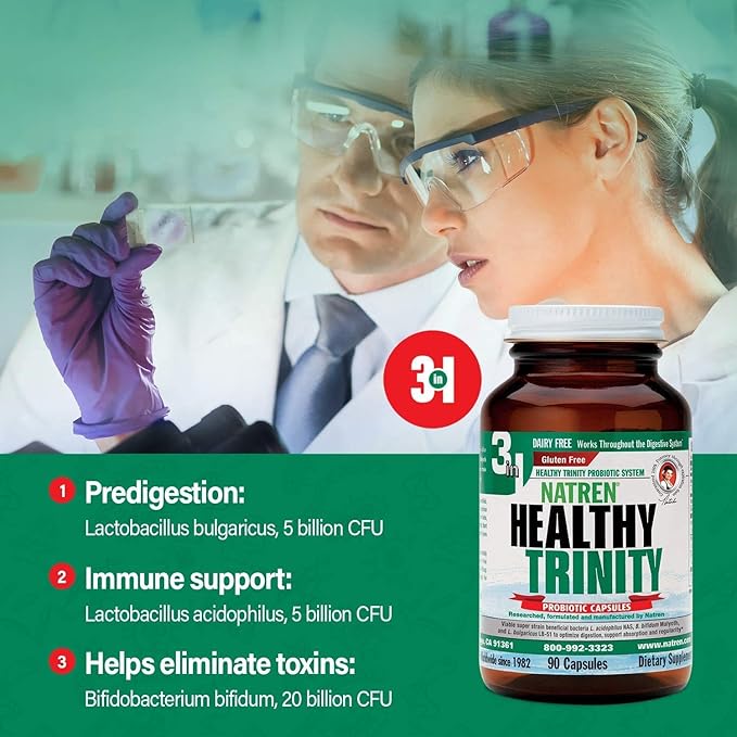 Natren Healthy Trinity Probiotics Supplement - 90 Dairy and Gluten Free Gel Capsules - Improve Gut and Digestive Health 30 Billion CFU - Lactobacillus Acidophilus Bifidobacterium Bulgaricus