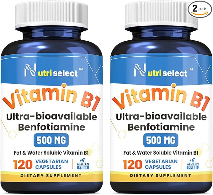 Vitamin B1 500mg 120 Caps Non-GMO &amp Vegan &amp Gluten-Free with Benfotiamine(2 Bottles)